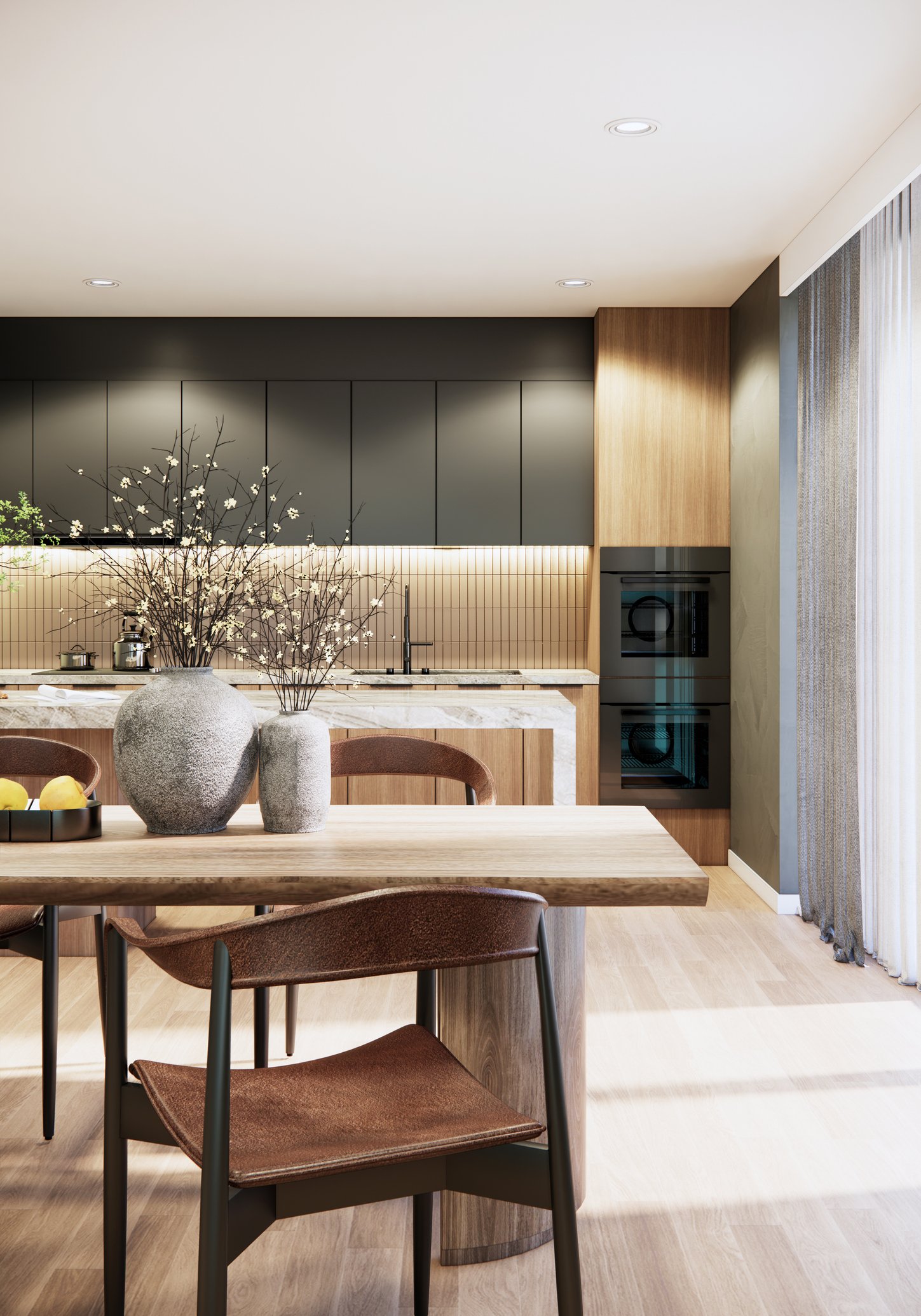 Modern dining room interior design and decoration built in kitchen counter and cabinet, wooden table and chairs. 3d rendering vertical image.